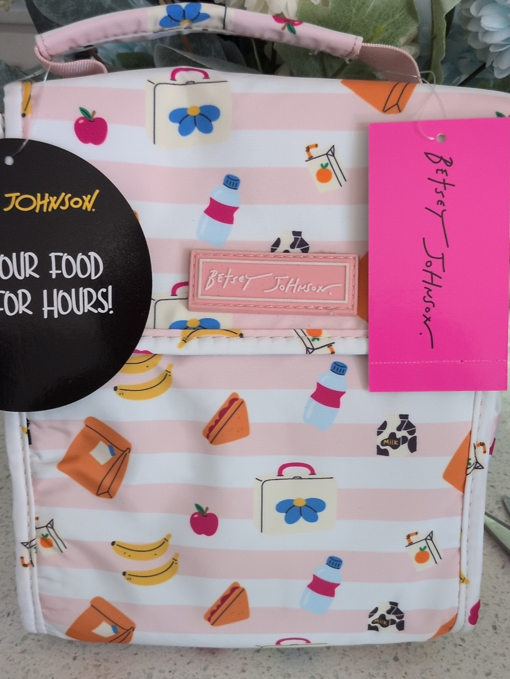 Betsey Johnson Pink Striped Lunch Bag with Food Print